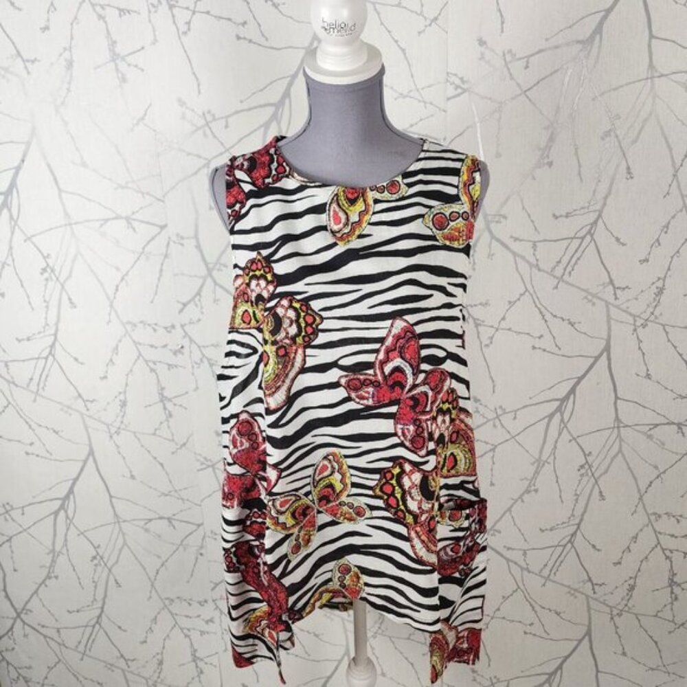 Compli K Artsy Zebra Stripe Floral Print Cotton Handkerchief Hem Tunic Tank